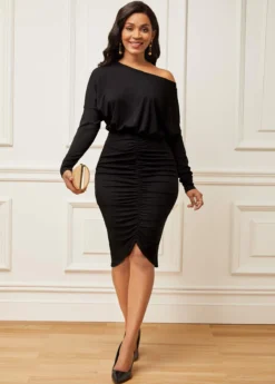 Skew Neck Black Ruched Cap Sleeve Dress -Elegance Swimwear Store 282631 P 16323807670905