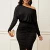 Skew Neck Black Ruched Cap Sleeve Dress