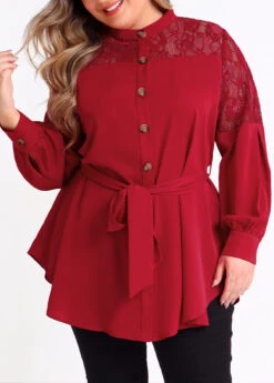 Plus Size Asymmetric Hem Wine Red Blouse