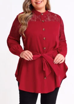 Plus Size Asymmetric Hem Wine Red Blouse -Elegance Swimwear Store 285252 P 16409135716343