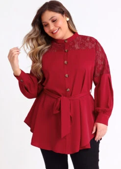 Plus Size Asymmetric Hem Wine Red Blouse -Elegance Swimwear Store 285252 P 16409135718354