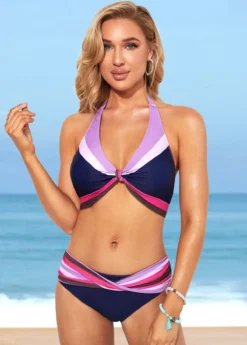Navy Blue Color Block Tie Back Bikini Set -Elegance Swimwear Store 285968 P 16371357120983