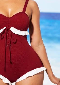 Lace Up Wine Red Flounce One Piece Swimwear -Elegance Swimwear Store 286579 P 16372204290744