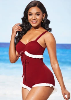 Lace Up Wine Red Flounce One Piece Swimwear -Elegance Swimwear Store 286579 P 16372204290952