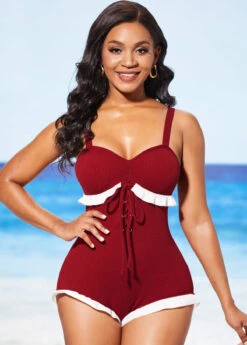 Lace Up Wine Red Flounce One Piece Swimwear -Elegance Swimwear Store 286579 P 16372204295353
