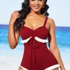 Lace Up Wine Red Flounce One Piece Swimwear