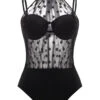 Polka Dot Black Mesh Stitching One Piece Swimwear