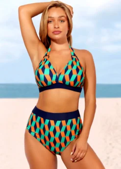 High Waisted Geometric Print Color Block Bikini Set