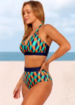 High Waisted Geometric Print Color Block Bikini Set -Elegance Swimwear Store 286689 P 16393853425152