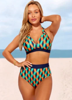 High Waisted Geometric Print Color Block Bikini Set -Elegance Swimwear Store 286689 P 16393853428423