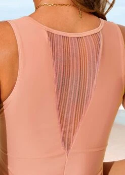 Mesh Stitching Wide Strap Pink Swimdress And Shorts -Elegance Swimwear Store 287105 P 16431654217094