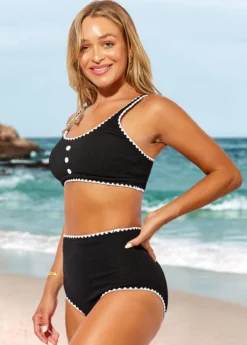 High Waisted Decorative Button Black Bikini Set -Elegance Swimwear Store 287354 P 16424979814142