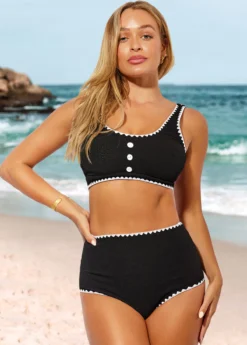 High Waisted Decorative Button Black Bikini Set -Elegance Swimwear Store 287354 P 16424979818273