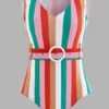Rainbow Stripe Belted Turndown Collar One Piece Swimwear