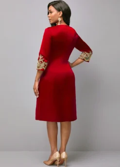 Red Round Neck 3/4 Sleeve Embroidered Dress -Elegance Swimwear Store 287596 P 16472330800361