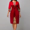 Red Round Neck 3/4 Sleeve Embroidered Dress
