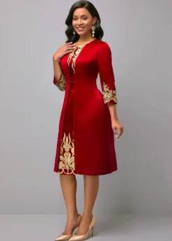Red Round Neck 3/4 Sleeve Embroidered Dress -Elegance Swimwear Store 287596 P 16472330809212