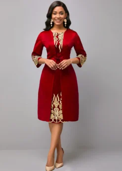 Red Round Neck 3/4 Sleeve Embroidered Dress -Elegance Swimwear Store 287596 P 16472330809493