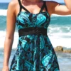Paisley Print Tie Front Cyan Swimdress Set