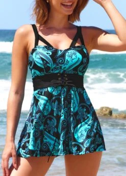 Paisley Print Tie Front Cyan Swimdress Set