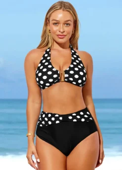 Black Polka Dot High Waisted Halter Bikini Set -Elegance Swimwear Store 287677 P 16388825848764