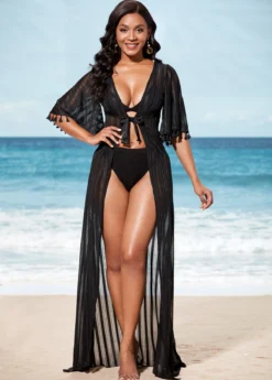 Sheer Black Tie Front 3/4 Sleeve Cover Up -Elegance Swimwear Store 288694 P 16372218322003