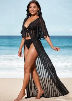 Sheer Black Tie Front 3/4 Sleeve Cover Up -Elegance Swimwear Store 288694 P 16372218329782