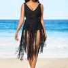 Tassel Hem Black Belted One Piece Swimwear