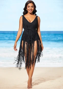 Tassel Hem Black Belted One Piece Swimwear