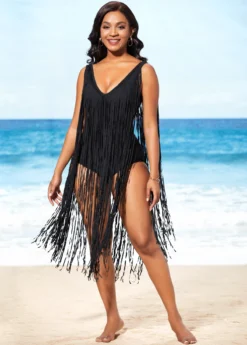 Tassel Hem Black Belted One Piece Swimwear -Elegance Swimwear Store 288702 P 16372190692213