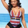 Tribal Print Tie Back Metal Pendant One Piece Swimwear