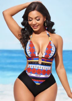 Tribal Print Tie Back Metal Pendant One Piece Swimwear