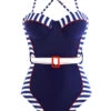 Striped Decorative Belt Navy Blue One Piece Swimwear