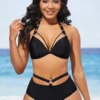 High Waisted Black Halter Metal Ring Detail Bikini Set