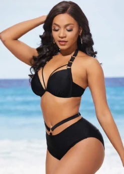 High Waisted Black Halter Metal Ring Detail Bikini Set -Elegance Swimwear Store 288757 P 16373077310322