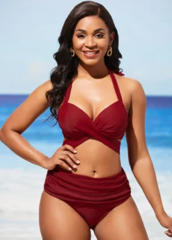 Wine Red Halter Mid Waist Bikini Set