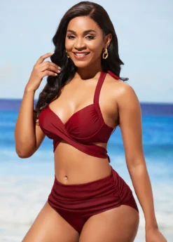 Wine Red Halter Mid Waist Bikini Set -Elegance Swimwear Store 288759 P 16381853229532