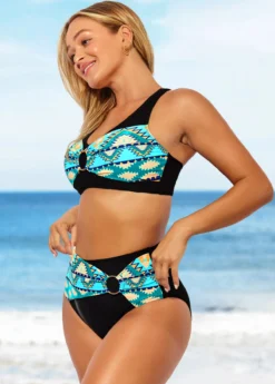Tribal Print High Waisted Black Cross Strap Bikini Set -Elegance Swimwear Store 288785 P 16389654012122