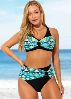 Tribal Print High Waisted Black Cross Strap Bikini Set