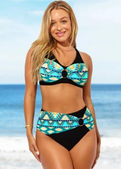 Tribal Print High Waisted Black Cross Strap Bikini Set -Elegance Swimwear Store 288785 P 16389654017653