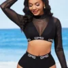 Letter Print Mesh Stitching Black High Waisted Bikini Set