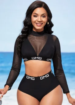 Letter Print Mesh Stitching Black High Waisted Bikini Set -Elegance Swimwear Store 288873 P 16373160183673