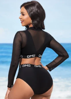 Letter Print Mesh Stitching Black High Waisted Bikini Set -Elegance Swimwear Store 288873 P 16373160184321