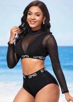 Letter Print Mesh Stitching Black High Waisted Bikini Set -Elegance Swimwear Store 288873 P 16373160185142
