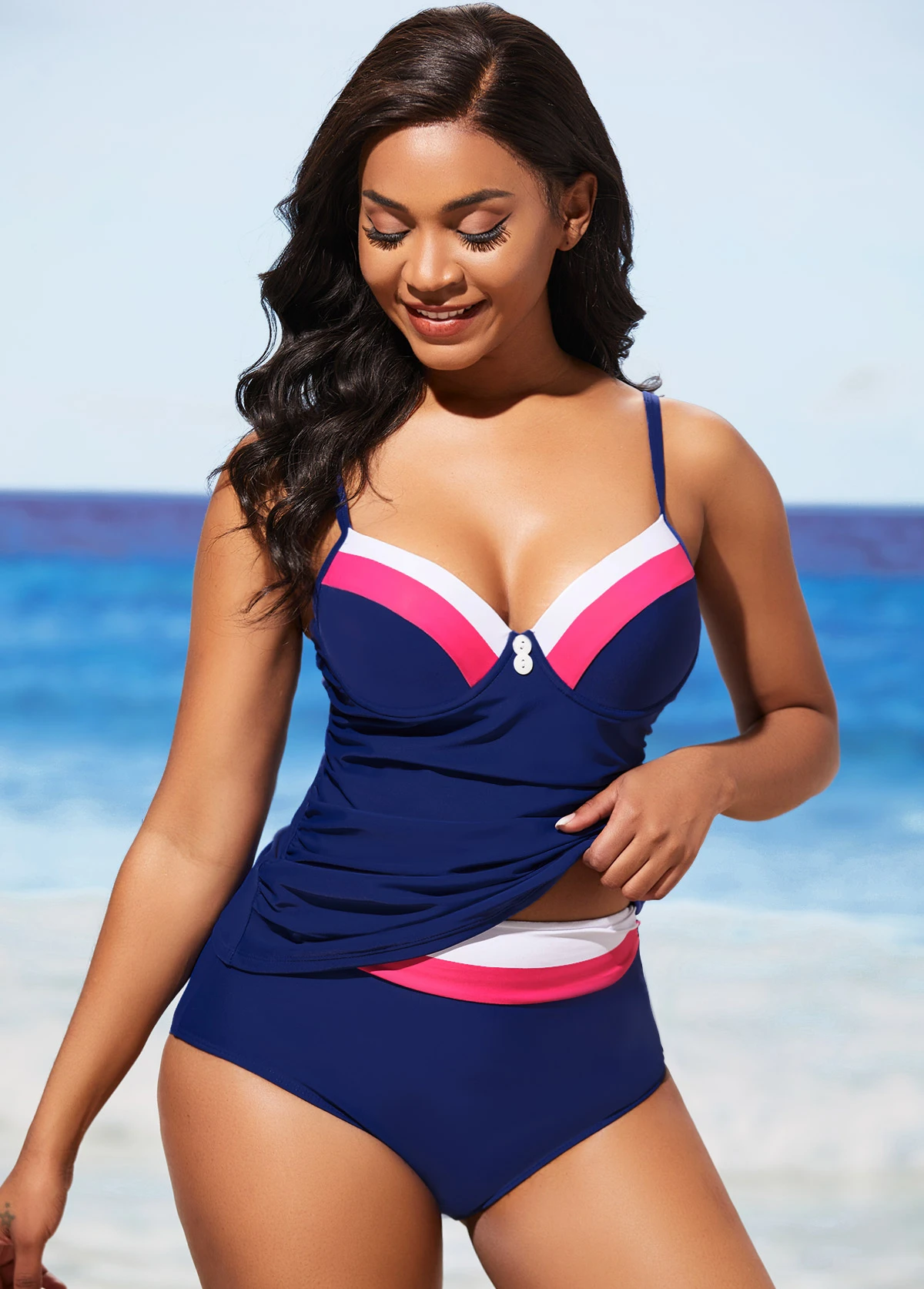 Navy Blue Decorative Button Contrast Stitch Tankini Set 4 Navy Blue Decorative Button Contrast Stitch Tankini Set - Image 4
