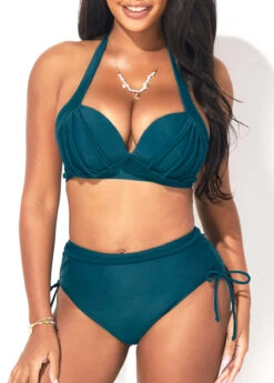 Halter Mid Waist Peacock Blue Bikini Set