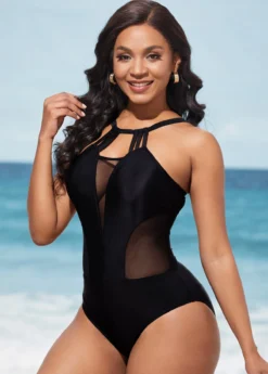 Mesh Stitching Tie Back Black One Piece Swimwear -Elegance Swimwear Store 289008 P 16372184241922