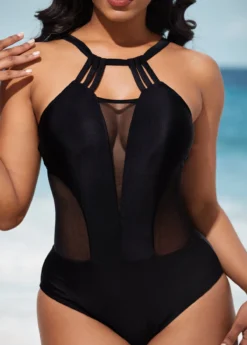Mesh Stitching Tie Back Black One Piece Swimwear -Elegance Swimwear Store 289008 P 16372184248520