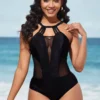 Mesh Stitching Tie Back Black One Piece Swimwear
