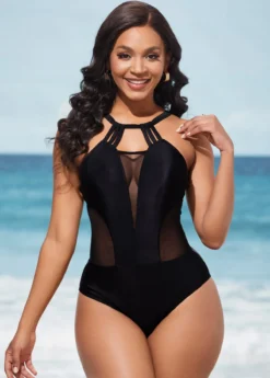 Mesh Stitching Tie Back Black One Piece Swimwear